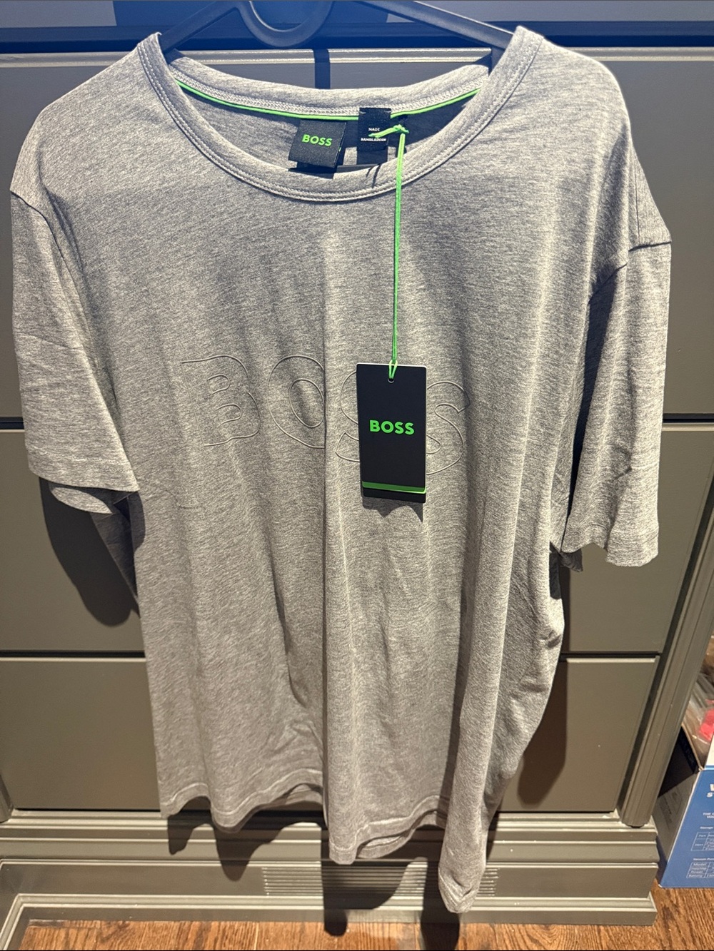 Boss Light Gray Short Sleeve Logo T‑Shirt with Neon Tag